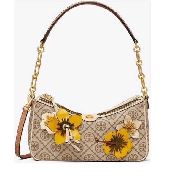 Tory Burch T Monogram Studio Shoulder Bag Hazelnut Floral Appliqué Crossbody NWT - Picture 1 of 6